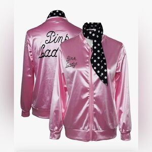 Pink Satin Jacket with Polka Dot Scarf